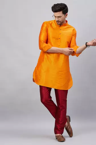 Orange And Maroon Cotton Blend Kurta Pyjama Set