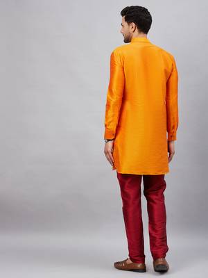 Orange And Maroon Cotton Blend Kurta Pyjama Set 3