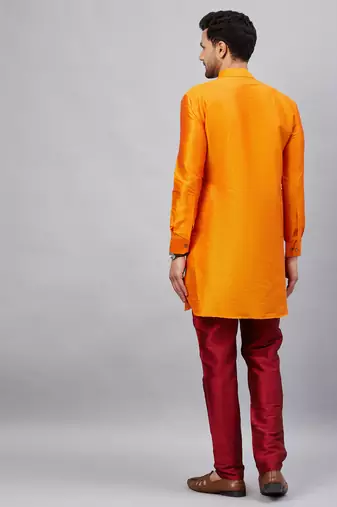 Orange And Maroon Cotton Blend Kurta Pyjama Set