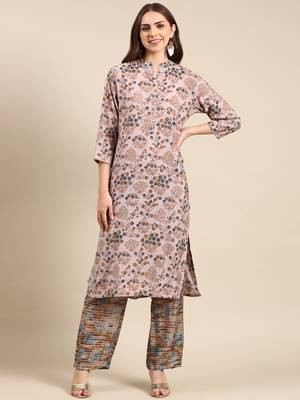women's mandarin collar floral foil print pink straight kurta and trouser 1