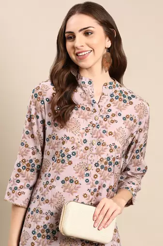 women's mandarin collar floral foil print pink straight kurta and trouser