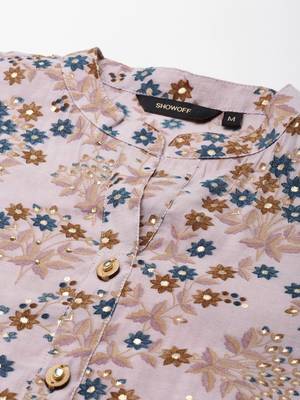women's mandarin collar floral foil print pink straight kurta and trouser 3