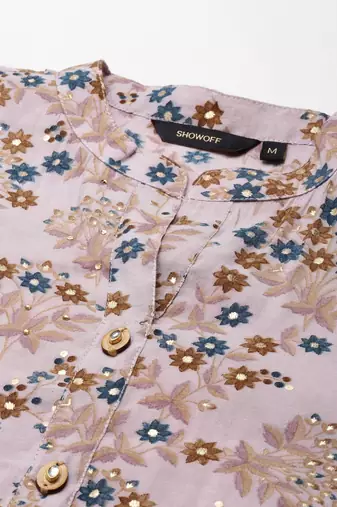 women's mandarin collar floral foil print pink straight kurta and trouser