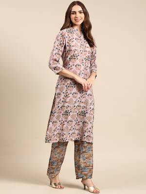 women's mandarin collar floral foil print pink straight kurta and trouser 4