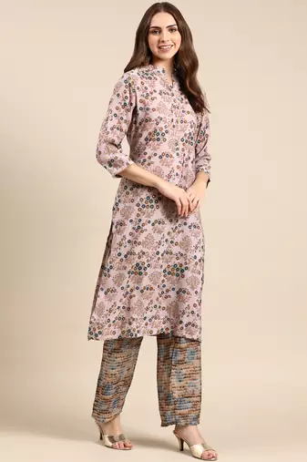 women's mandarin collar floral foil print pink straight kurta and trouser