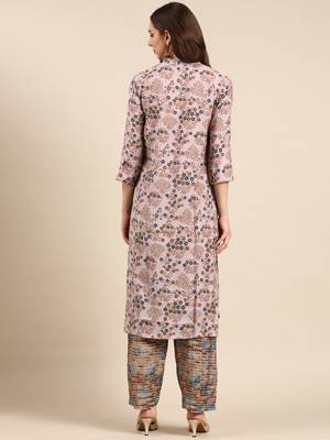 women's mandarin collar floral foil print pink straight kurta and trouser 5