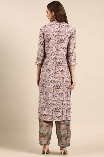 women's mandarin collar floral foil print pink straight kurta and trouser