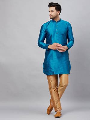 Men'S Turquoise And Rose Gold Cotton Blend Kurta Pyjama Set 1