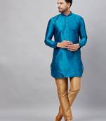 Men'S Turquoise And Rose Gold Cotton Blend Kurta Pyjama Set