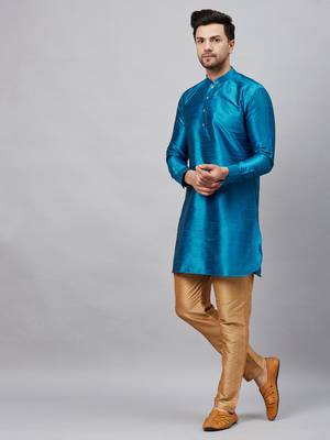 Men'S Turquoise And Rose Gold Cotton Blend Kurta Pyjama Set 2