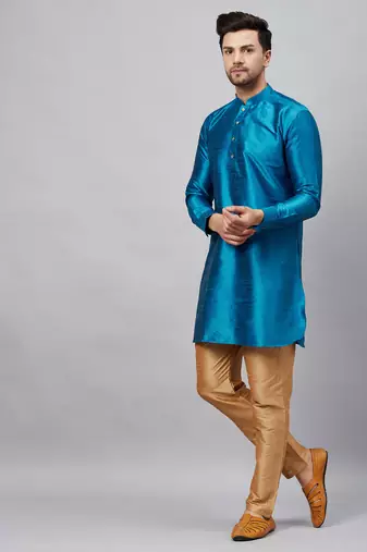 Men'S Turquoise And Rose Gold Cotton Blend Kurta Pyjama Set