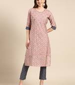 women's round neck ethnic motifs screen print pink straight kurta and trouser