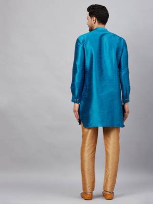 Men'S Turquoise And Rose Gold Cotton Blend Kurta Pyjama Set 3