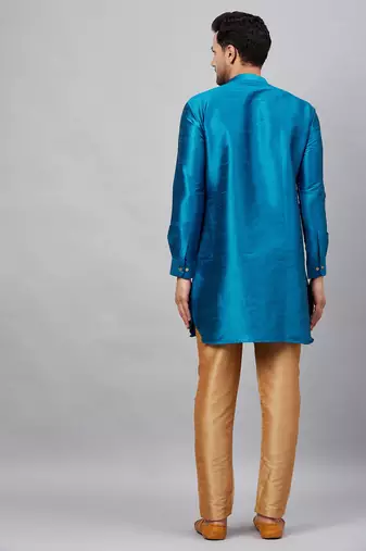 Men'S Turquoise And Rose Gold Cotton Blend Kurta Pyjama Set