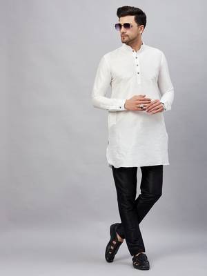 White And Black Cotton Blend Kurta Pyjama Set 1