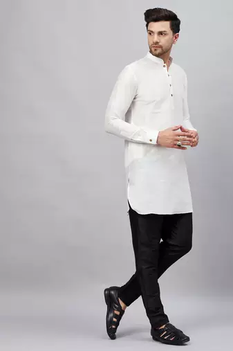 White And Black Cotton Blend Kurta Pyjama Set