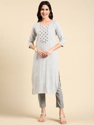 women's round neck striped screen print white straight kurta and trouser 1