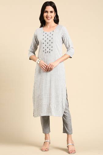 women's round neck striped screen print white straight kurta and trouser