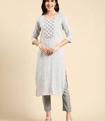 women's round neck striped screen print white straight kurta and trouser