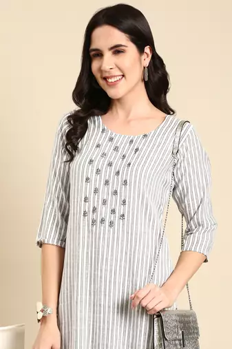 women's round neck striped screen print white straight kurta and trouser