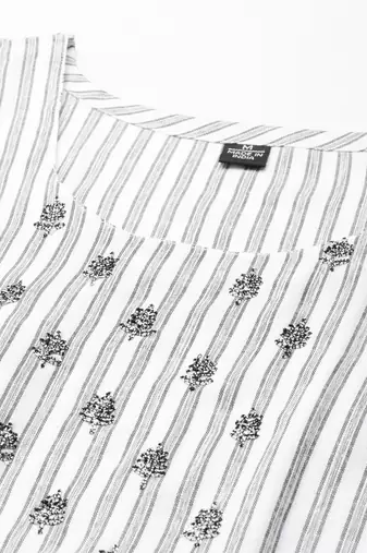 women's round neck striped screen print white straight kurta and trouser