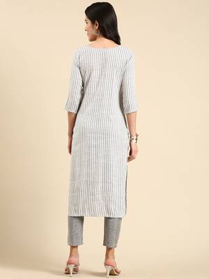 women's round neck striped screen print white straight kurta and trouser 4