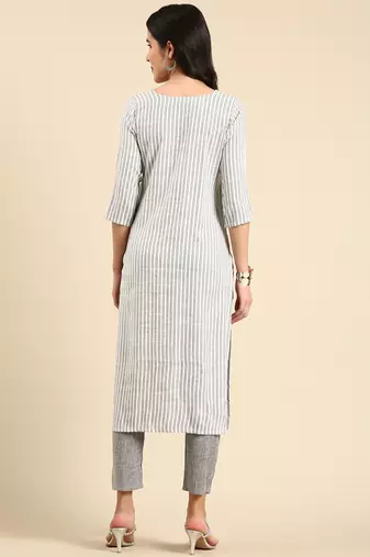 women's round neck striped screen print white straight kurta and trouser