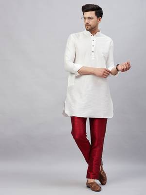 White And Maroon Cotton Blend Kurta Pyjama Set 1