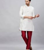 Men'S White And Maroon Cotton Blend Kurta Pyjama Set