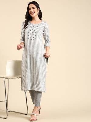 women's round neck striped screen print white straight kurta and trouser 5