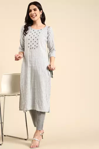 women's round neck striped screen print white straight kurta and trouser