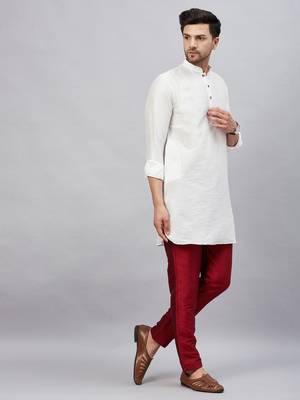 White And Maroon Cotton Blend Kurta Pyjama Set 2