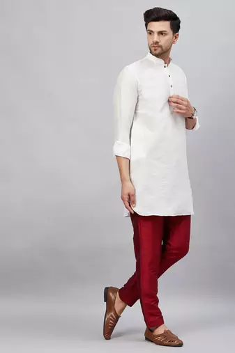 White And Maroon Cotton Blend Kurta Pyjama Set