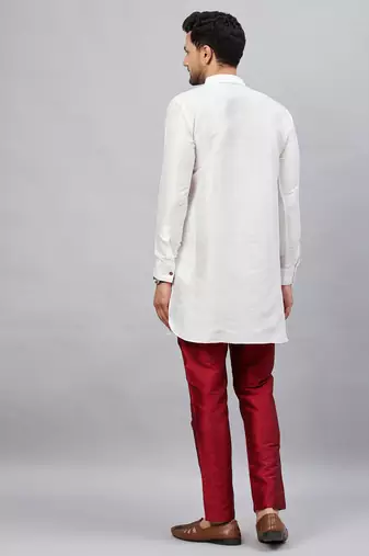 White And Maroon Cotton Blend Kurta Pyjama Set