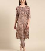 women's scoop neck floral foil print peach straight kurta and trouser