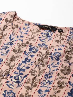 women's scoop neck floral foil print peach straight kurta and trouser 3