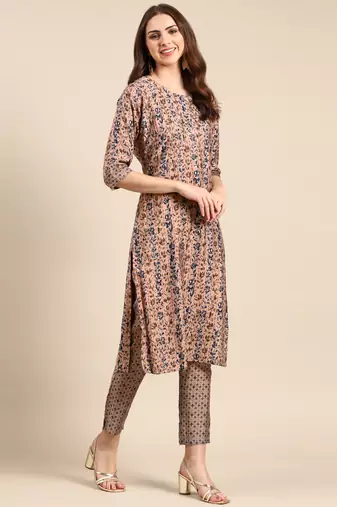 women's scoop neck floral foil print peach straight kurta and trouser