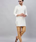 White And Rose Gold Cotton Blend Kurta Pyjama Set