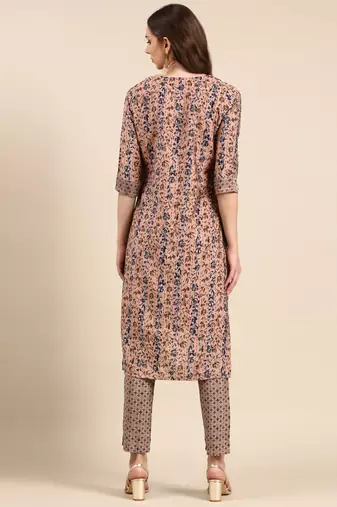 women's scoop neck floral foil print peach straight kurta and trouser