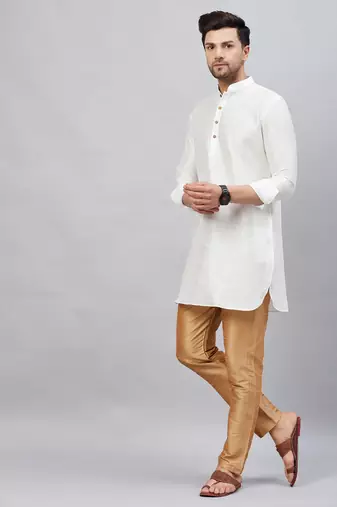 White And Rose Gold Cotton Blend Kurta Pyjama Set