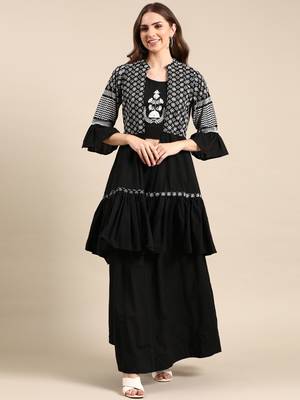women's mandarin collar solid black anarkali kurta and skirt 1