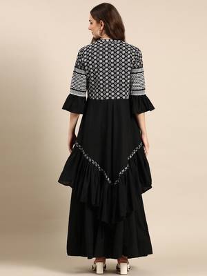 women's mandarin collar solid black anarkali kurta and skirt 4