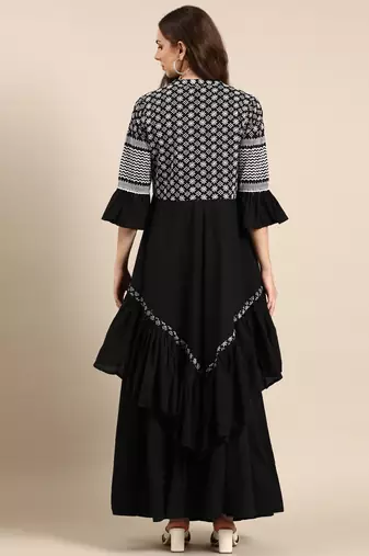 women's mandarin collar solid black anarkali kurta and skirt