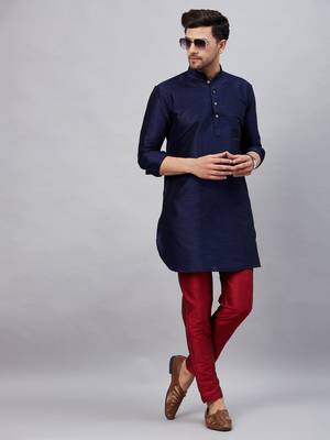Navy Blue And Maroon Cotton Blend Kurta Pyjama Set 1