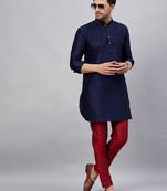 Navy Blue And Maroon Cotton Blend Kurta Pyjama Set