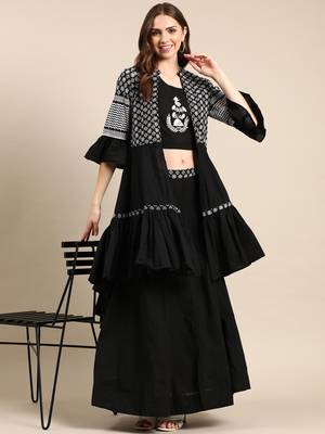 women's mandarin collar solid black anarkali kurta and skirt 5