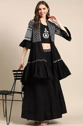 women's mandarin collar solid black anarkali kurta and skirt