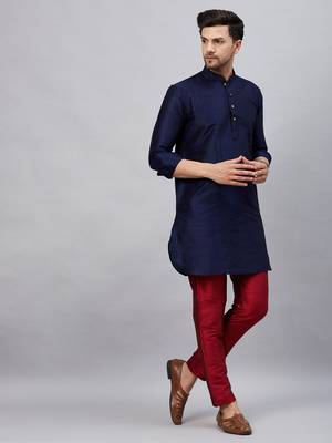 Navy Blue And Maroon Cotton Blend Kurta Pyjama Set 2