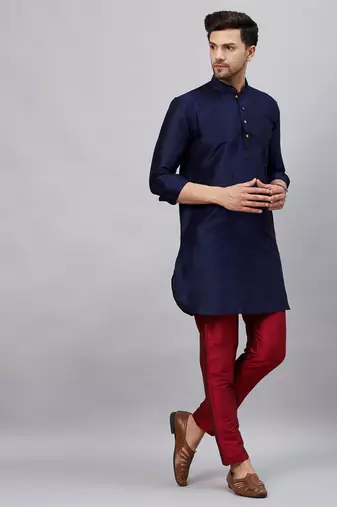 Navy Blue And Maroon Cotton Blend Kurta Pyjama Set