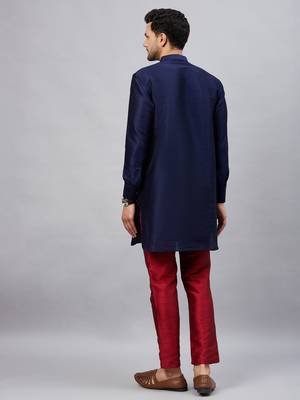 Navy Blue And Maroon Cotton Blend Kurta Pyjama Set 3